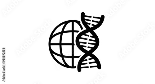 Black Globe with DNA Double Helix Icon on White Background