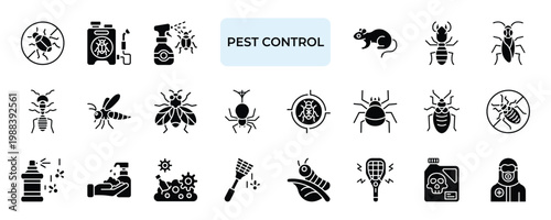 Pest Control Icon set Collection in Solid Glyph Style. insecticide, hygiene, bugs, rat, termite, pesticide, animal