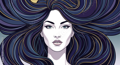 Mysterious Woman with Flowing Dark Hair and Golden Accents.