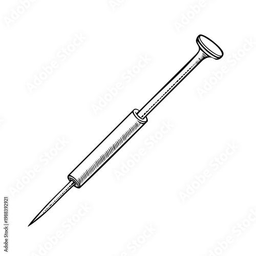 Ink drawing of a medical syringe with a needle ready for injection or drawing liquid