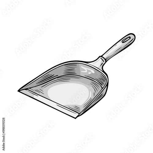 Illustration of a hand-held dustpan and brush tool for cleaning and tidying up.
