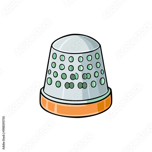 Illustration of a metal thimble with green dots and an orange base for sewing protection