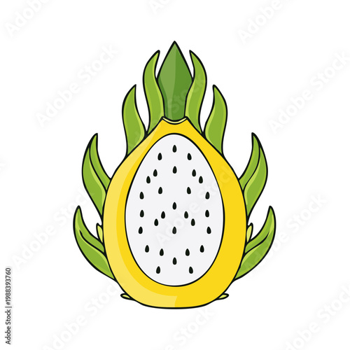 Vibrant yellow dragon fruit half with green leafy crown and black seeds illustration