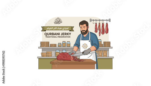 Man preparing qurbani jerky for traditional preservation, Eid al-Adha meat processing, halal food preparation, butchering and drying, religious offering concept.