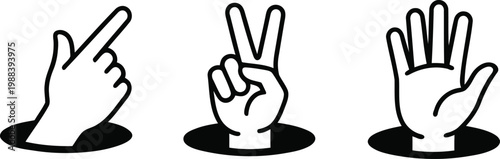 Three black and white hand gestures depicting one two and five fingers