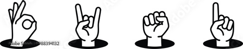 Four hands emerging from holes displaying different finger gestures and signs high quality