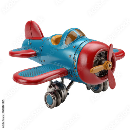 Vintage toy airplane in bright blue and red colors with a propeller and landing gear designed for children and collectors on transparent background
