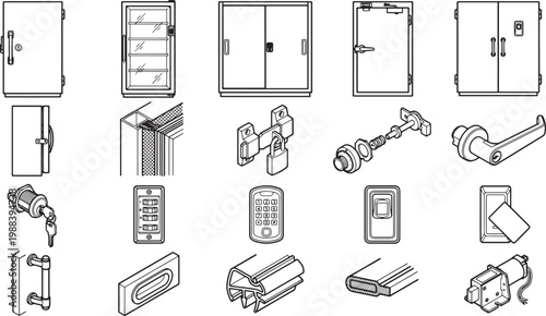 A detailed illustration showcasing various door styles, hardware, and access control components. Featuring an array of architectural elements and designs.