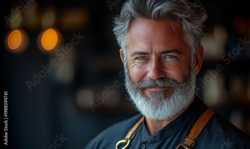 Smiling Chef with Salt and Pepper Beard in Restaurant Kitchen