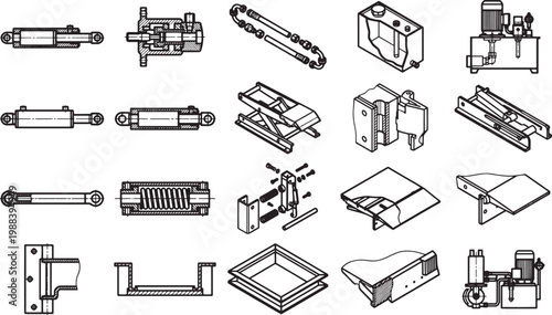 An array of industrial machinery and engineering components, meticulously depicted in a photorealistic and technical display. This image showcasing different aspects of industrial design.
