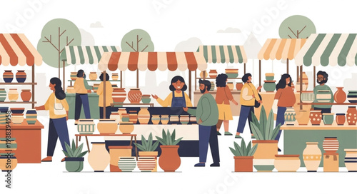 Outdoor Artisan Market Scene with Pottery Stalls and Shoppers.