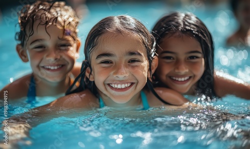 Three Smiling Kids Playing in a Swimming Pool