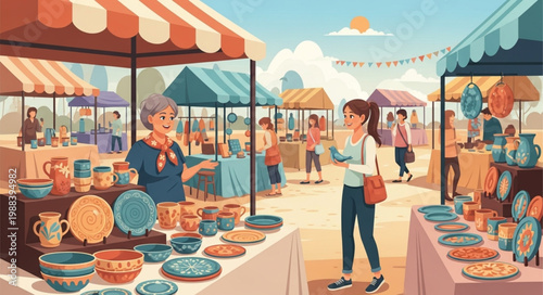 Outdoor Artisan Market Scene with Pottery Stalls and Shoppers.
