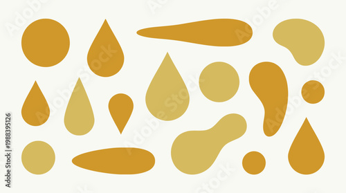 A collection of various golden liquid droplets.