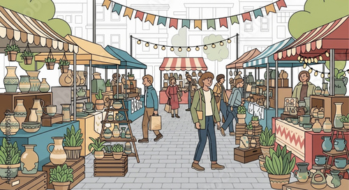 Outdoor Artisan Market Scene with Stalls and Shoppers.
