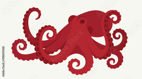 A red octopus with curled tentacles.