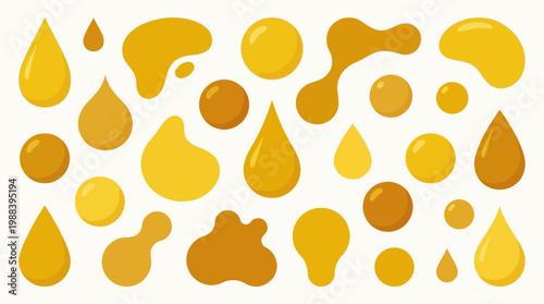 Collection of various golden liquid droplets.