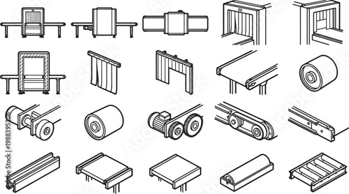 Conveyor belt system: A comprehensive collection of conveyor belt system components. Industrial design for manufacturing process.