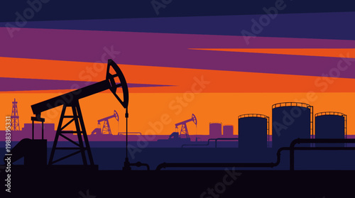 Industrial oil pumps at sunset.