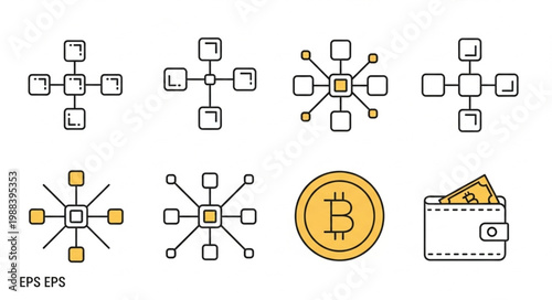 Blockchain network nodes and cryptocurrency wallet icons.