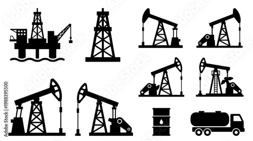 Black silhouettes of oil pumps and trucks.