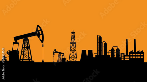 Industrial silhouette with oil pump and factory.