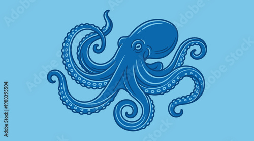 A blue octopus with curled tentacles.