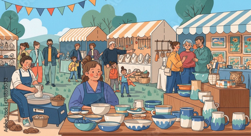 Outdoor Craft Fair with Artisans Selling Pottery and Goods.