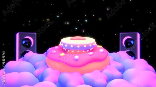 Cartoon floating donut stage at night animation. (loop)