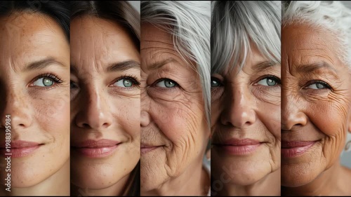Five women of different ages with diverse hair colors and textures display a range of expressions, showcasing the beauty of aging in a well-lit indoor setting