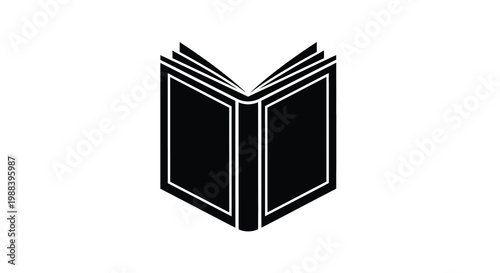 A simple black and white illustration depicts an open book showcasing its pages and binding