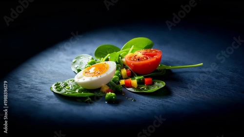 Freshly prepared salad with sliced boiled eggs, vibrant cherry tomatoes, and green spinach leaves arranged on a dark wooden surface, showcasing colorful diced vegetables
