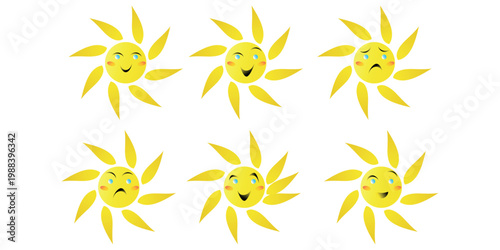 Sun emoji character set. Vector collection of cute suns with different facial expressions and emotions, yellow weather icons for children design and summer stickers.