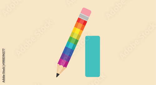 Colorful pencil and teal eraser displayed against a light beige background