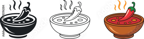 Cinco de Mayo Salsa Bowl Vector Illustration, Festive Mexican Food Design with Floating Chili Peppers and Confetti for Celebration, Party, Holiday, and Cultural Event Graphics