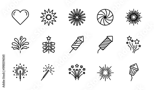 Minimal fireworks outline icons in grid layout with sparkler firecracker and burst shapes for celebration design