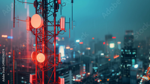 Telecommunication tower with cellular network antenna on city.