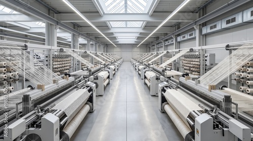 High-tech textile manufacturing facility showcasing automated weaving machinery and vast production lines in a pristine, well-lit modern factory environment