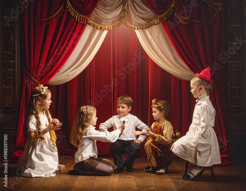 Five children dressed in costumes on a stage with a red curtain backdrop, illuminated by stage lighting. They engage in a theatrical performance