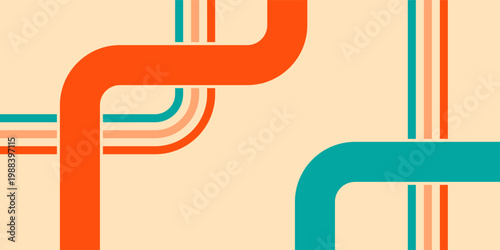 Abstract geometric pattern with colorful curved lines and stripes.