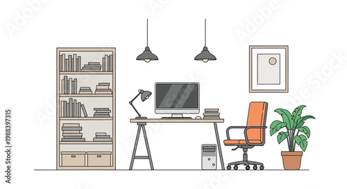 Modern home office setup with dual monitors and adjustable lamp