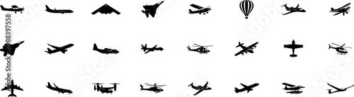 airplane and aircraft silhouette icons set including passenger jet fighter plane helicopter cargo airplane propeller aircraft and hot air balloon vector collection isolated on transparent background