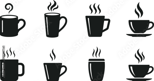 coffee cup icons set including mug cappuccino latte espresso and steaming hot beverage silhouettes vector collection isolated on transparent background