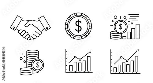 Handshake Coin and Growth Chart Icons Representing Business Success.