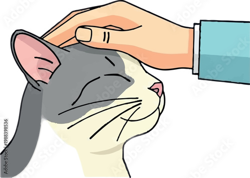 Vector cat petting, hand on head, cute animal illustration, pet love, affectionate moment