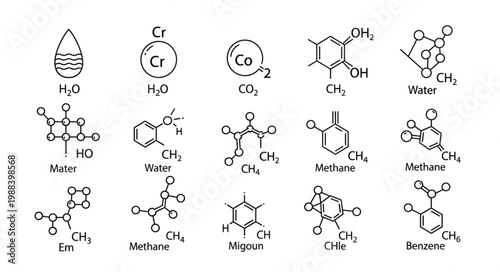 Collection of Chemical Formulas and Molecular Structures Hand Drawn.