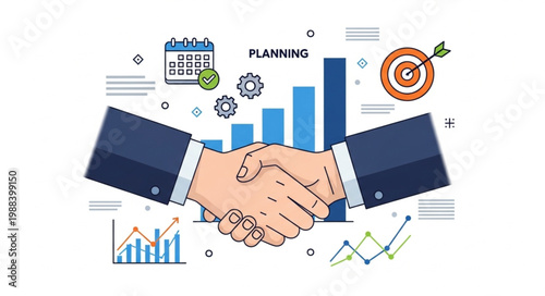 Business handshake agreement with planning and success symbols.