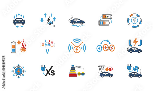 Premium 15 EV Technology  Energy Flow Icons - Electric Vehicle Charging Systems, Smart Mobility Solutions  Sustainable Power Grid Graphics for Branding