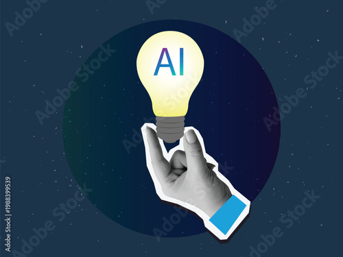 A hand holds a glowing lightbulb with a text AI. Concept of the idea of ​​applying artificial intelligence. Modern collage vector illustration