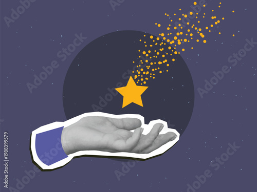 Black and white hand catches a falling star. Modern photo collage style. Vector illustration